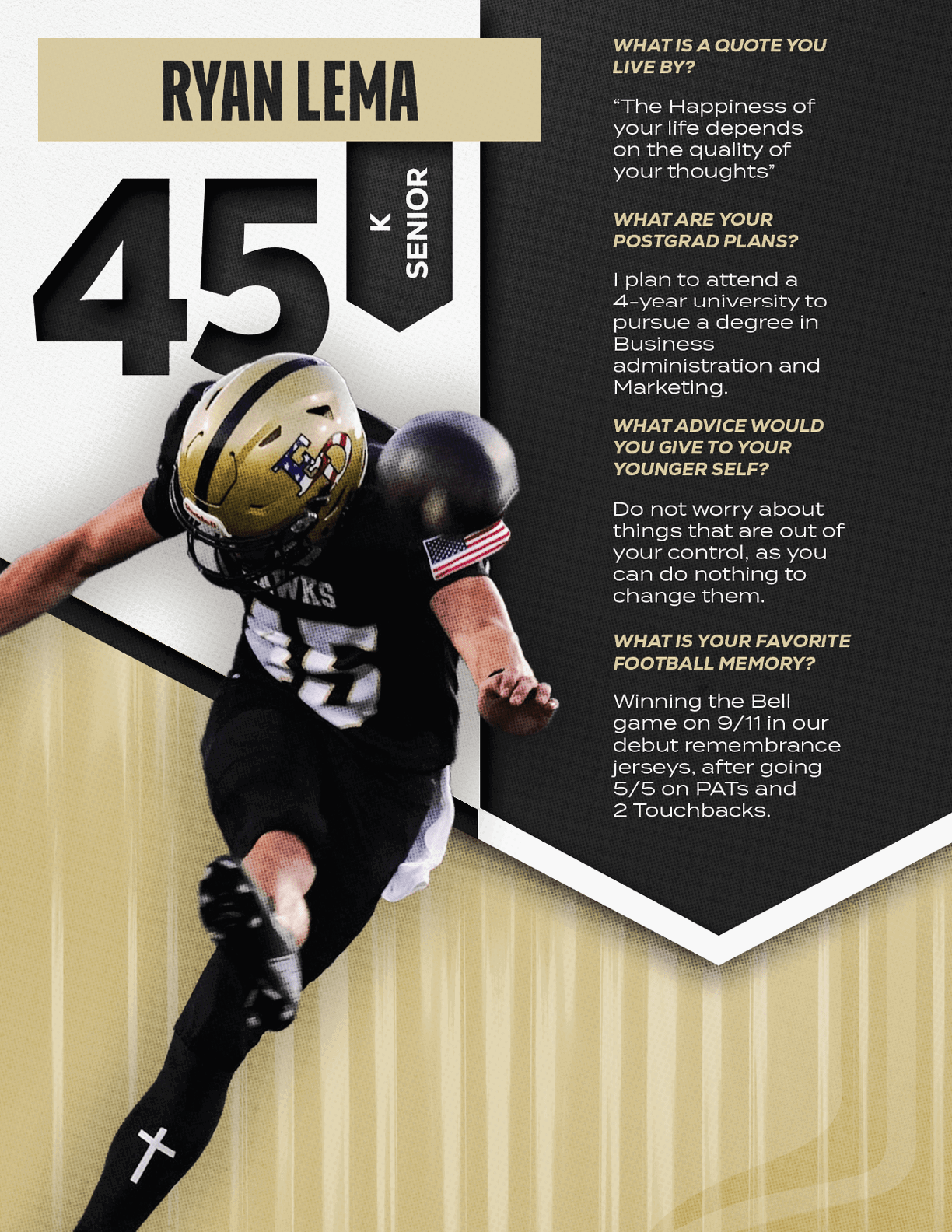 An adult wearing a football uniform with the number 45 and a helmet is captured mid-action with text beside them detailing their name, senior status, and personal quotes about life, future plans, advice, and favorite football memory. Description generated by AI