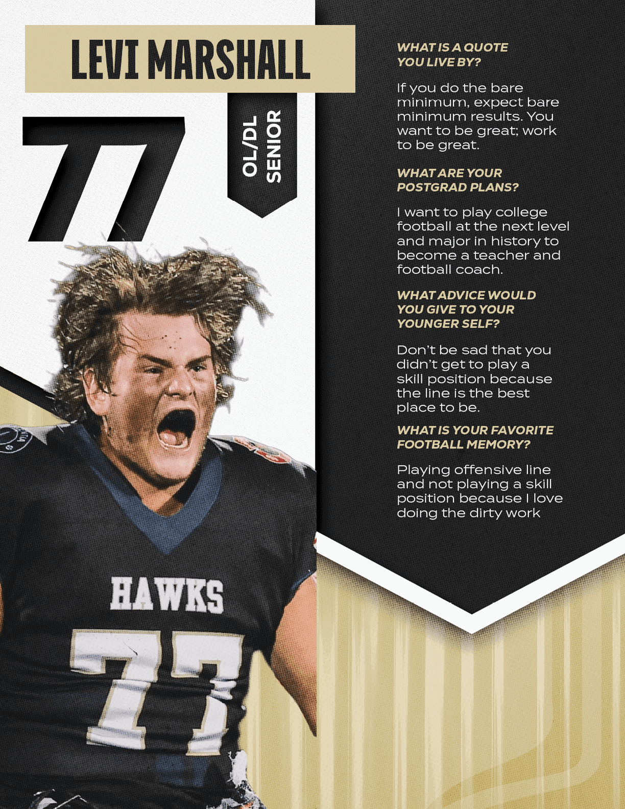 An excited person with messy hair wearing a black football jersey with the number 77 and the word Hawks is celebrating energetically next to text about Levi Marshall's football career and advice. Description generated by AI