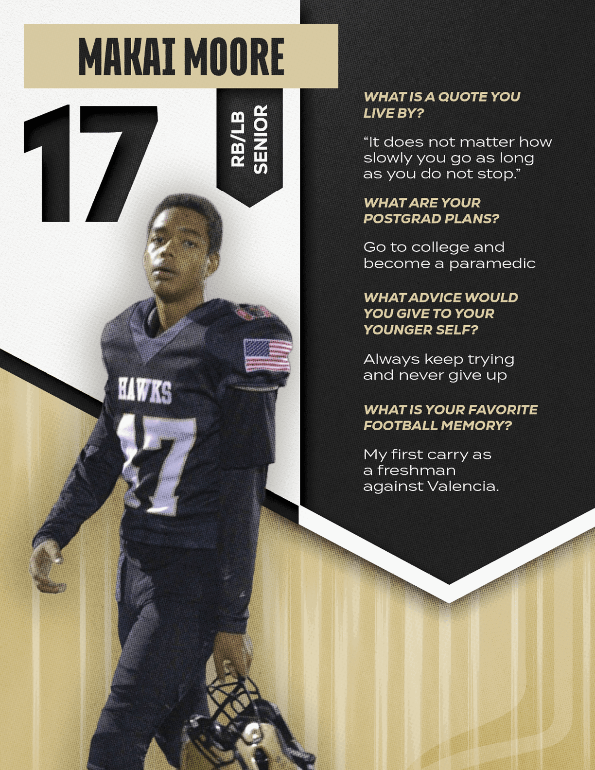 A person in a black football uniform holding a helmet stands next to text featuring the name Makai Moore, the number 17, and quotes about life, postgrad plans, advice, and a favorite football memory. Description generated by AI