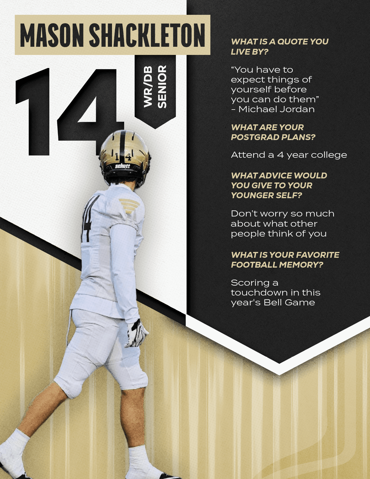 A person in a white football uniform and helmet walks with their back turned beside text highlighting their name Mason Shackleton, position WR/DB, senior status, and quotes about life, advice, and a favorite football memory. Description generated by AI