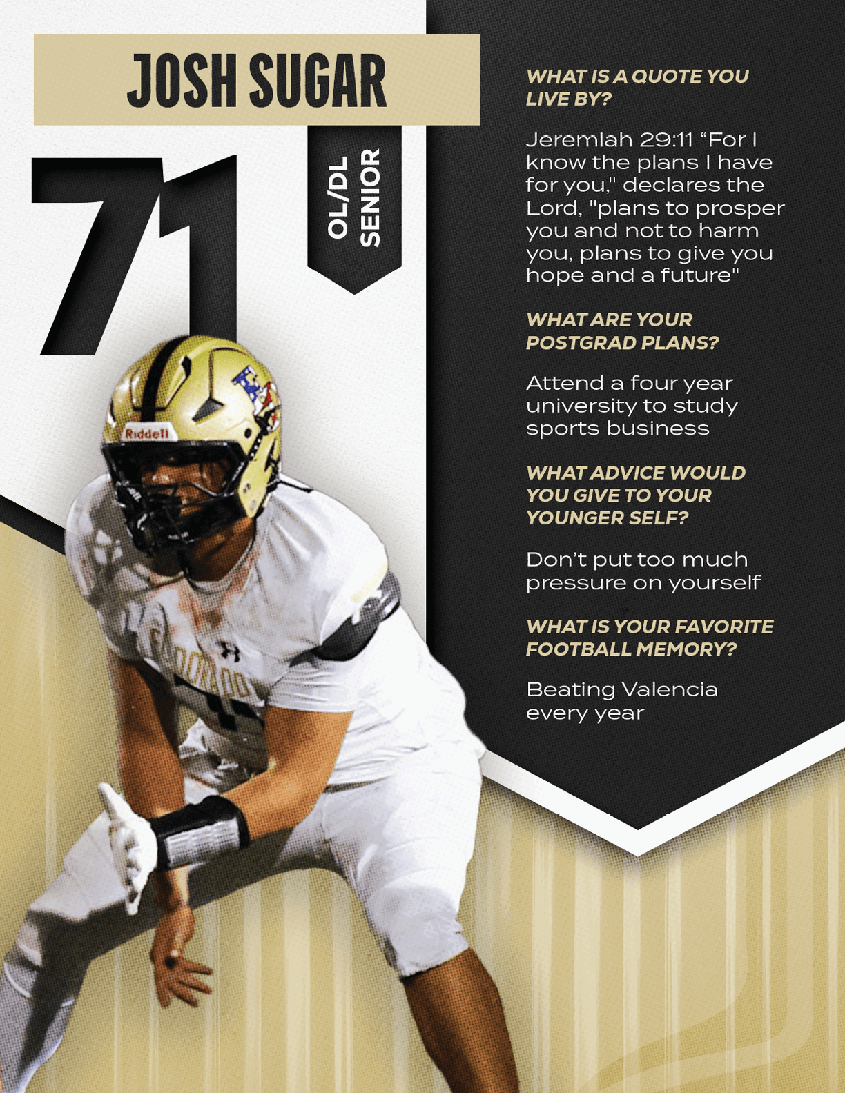 A person in a football uniform and helmet is crouched in a ready position next to text highlighting their name, class year, and personal quotes about life, future plans, advice, and favorite football memory. Description generated by AI