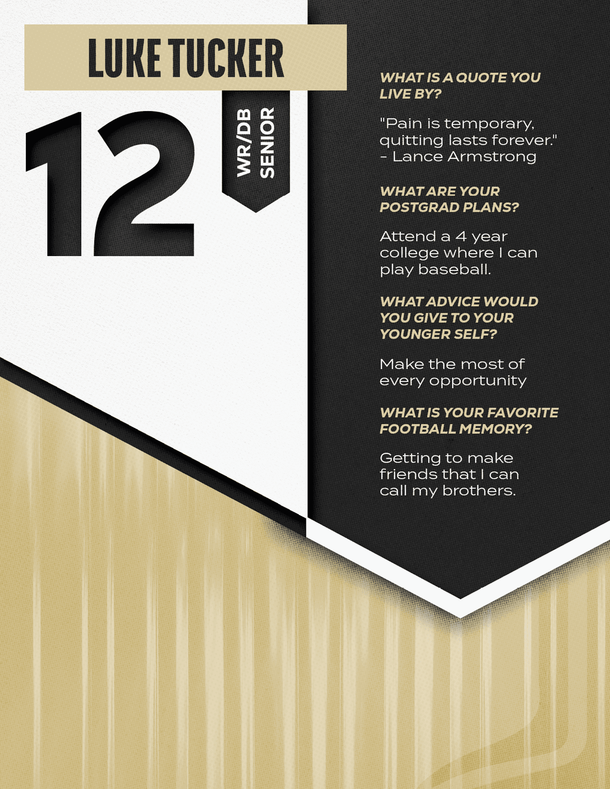 A sports-themed graphic features the name Luke Tucker with the number 12 and includes quotes about motivation, college baseball, advice to younger self, and a favorite football memory. Description generated by AI