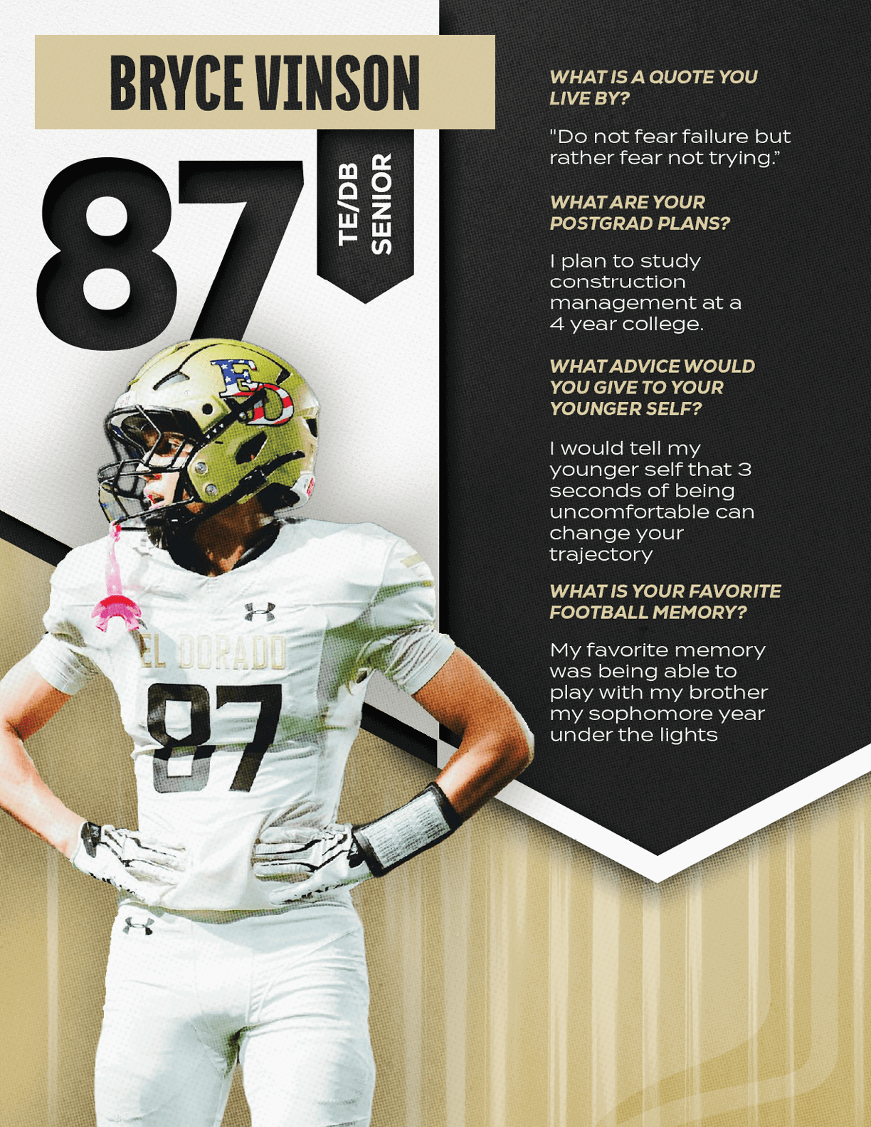 An adult wearing a football uniform with the number 87 and a helmet stands with hands on hips next to text featuring the name Bryce Vinson, senior status, and motivational quotes about failure, study habits, advice, and favorite football memory. Description generated by AI