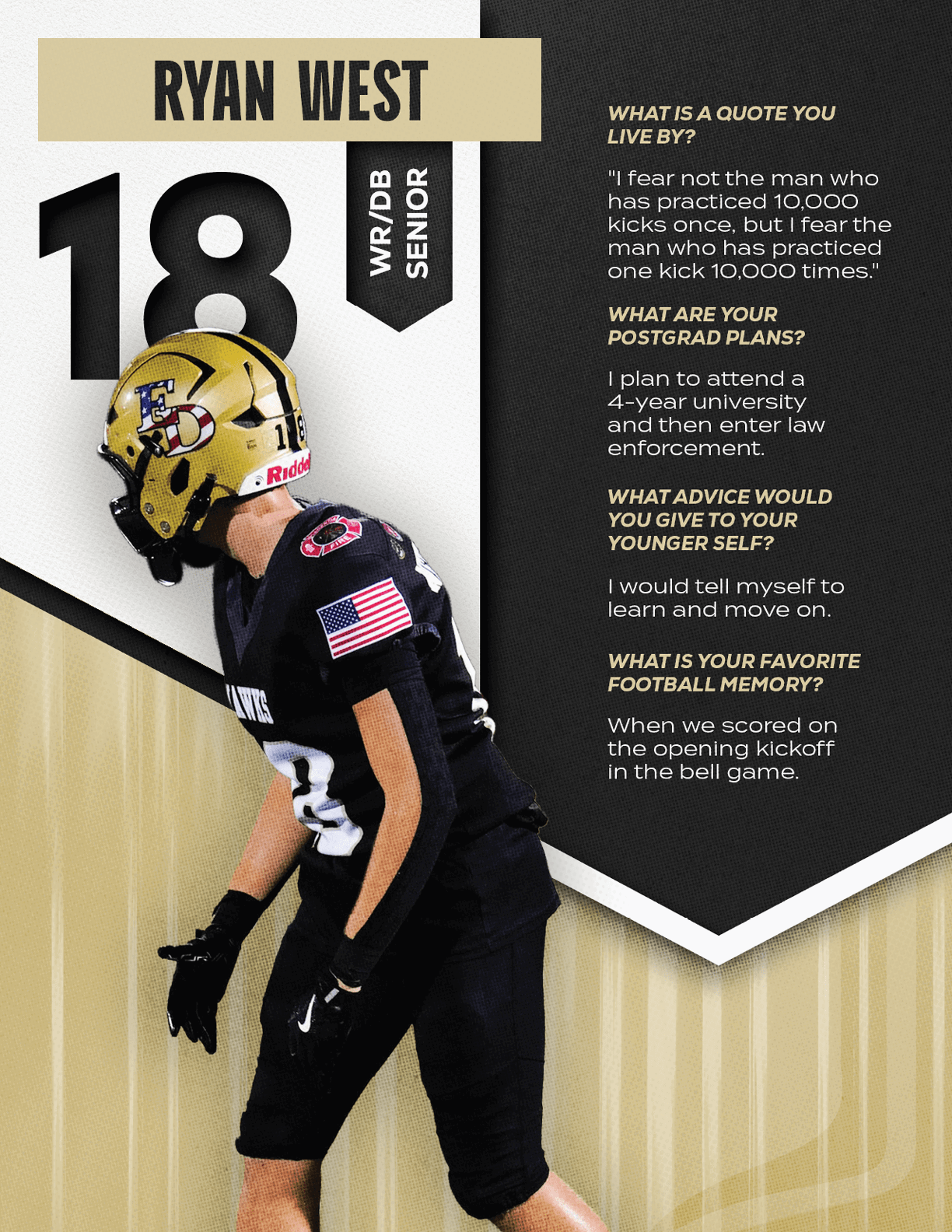 An adult in a black football uniform with the number 18 and a gold helmet is shown in a side profile with text about Ryan West, a senior wide receiver, including quotes about life and football. Description generated by AI