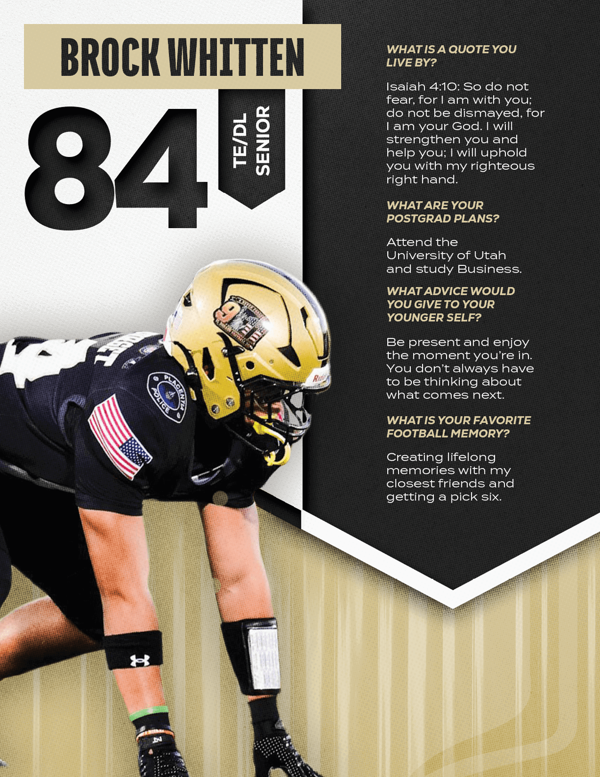 An adult athlete in a black football uniform and gold helmet is crouched in a ready position with text highlighting the name Brock Whitten, jersey number 84, and football-related interview questions and answers. Description generated by AI