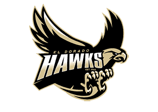 A stylized black and gold hawk with outstretched wings and sharp talons clutching the word “HAWKS" with "EL DORADO" above and "EST. 1966" below. Description generated by AI