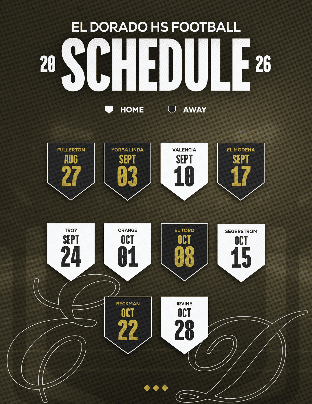 El Dorado High School football schedule for 2026 with dates and opponents listed in a bold, modern design using black, white, and gold colors indicating home and away games. Description generated by AI