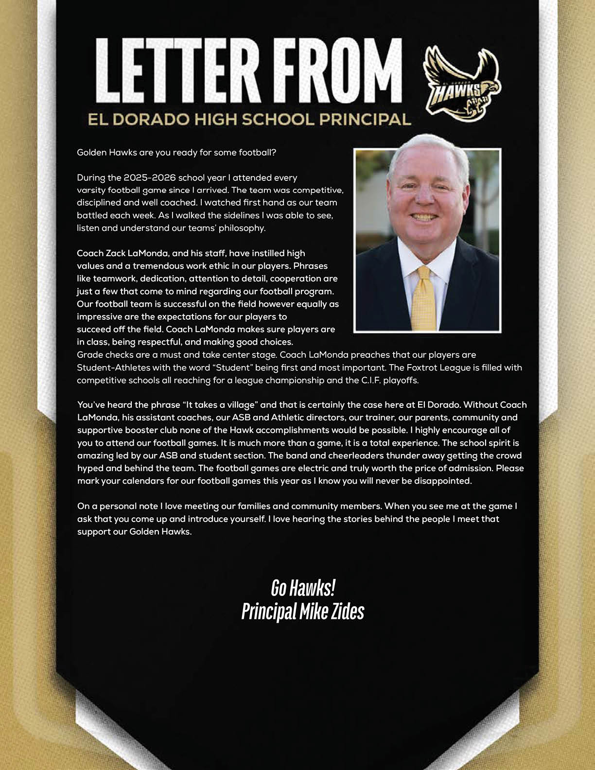A formal letter from the El Dorado High School principal with a photo of a smiling person in a suit, addressing the school's football team achievements and encouraging community support. Description generated by AI