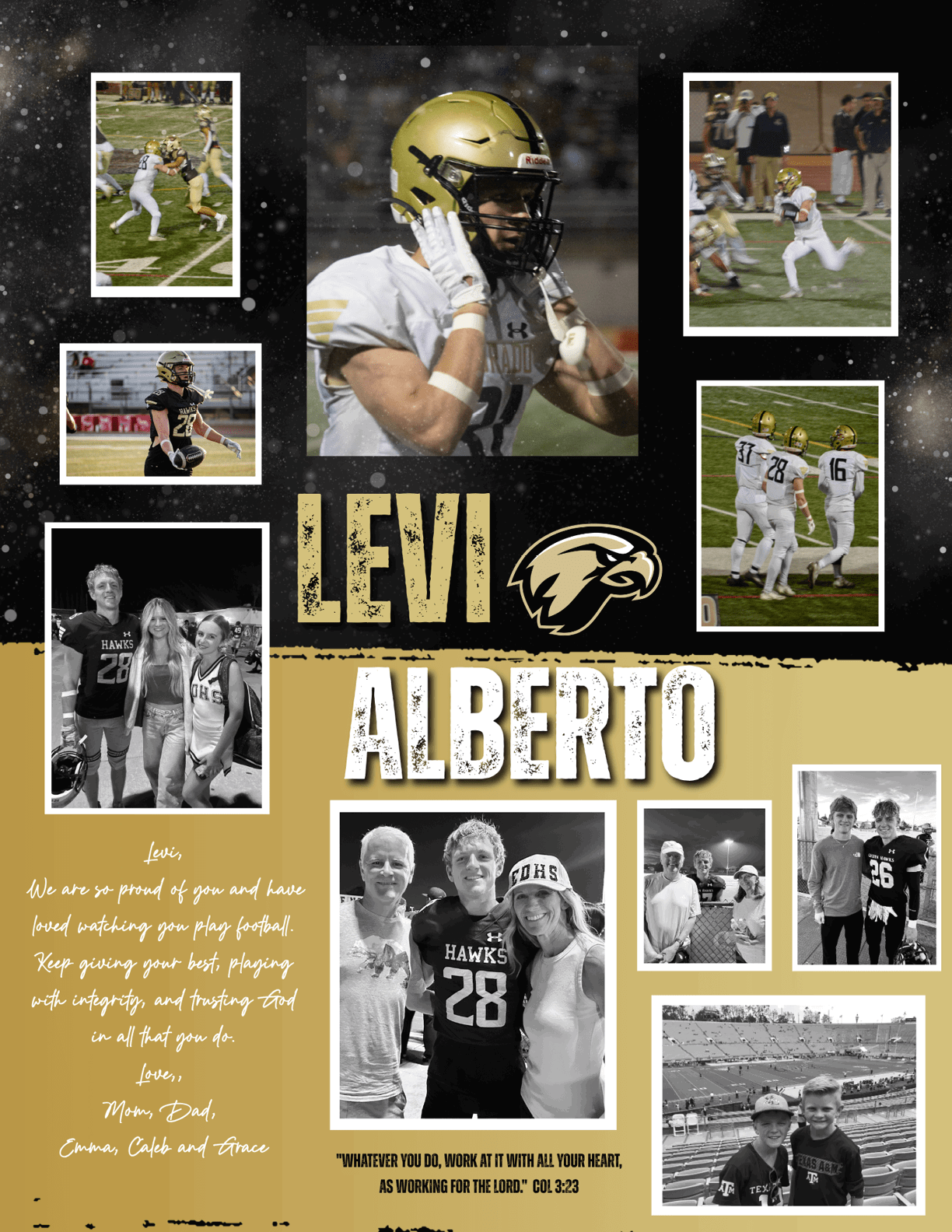 A collage features a football player wearing a gold helmet and white uniform in action, multiple smaller photos of the player on the field and with others, and text expressing pride and encouragement for Levi Alberto with a hawk logo on a black and gold background. Description generated by AI