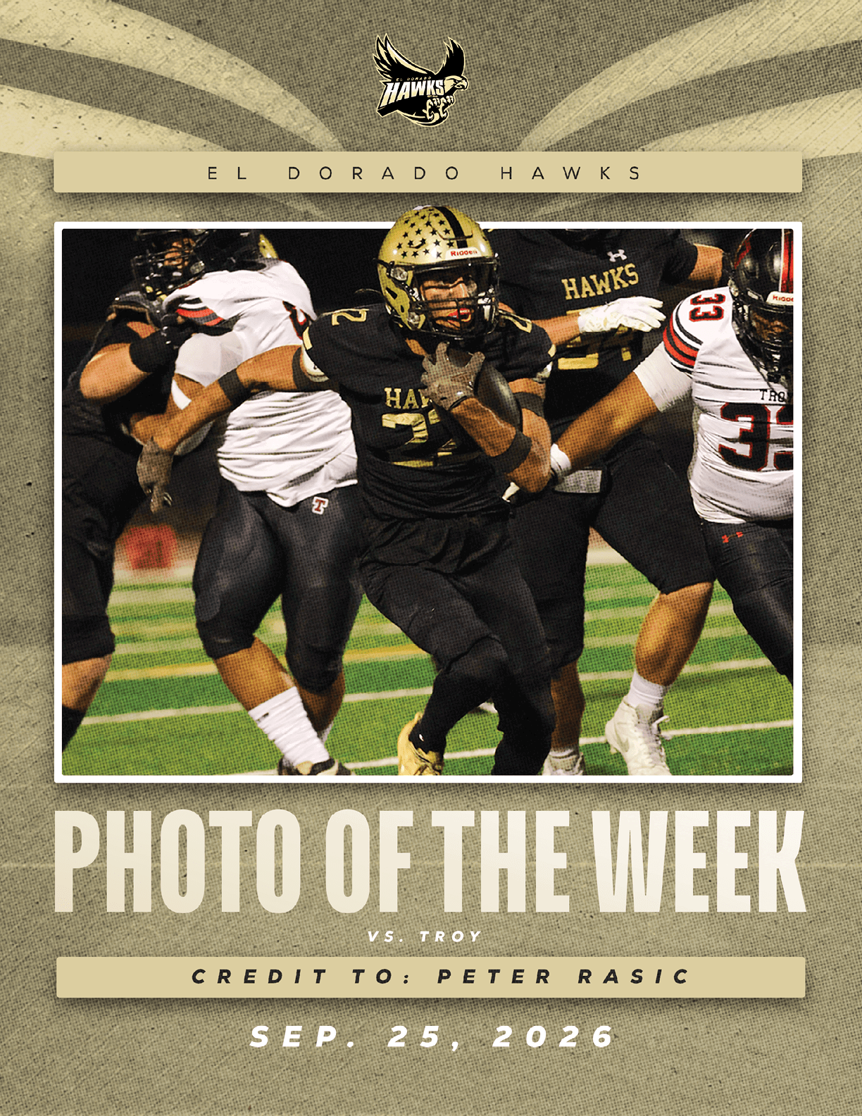 A person wearing a black and gold football uniform with the number 2 is running with the ball while being pursued by players in white and black uniforms on a football field. Description generated by AI