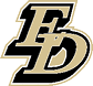 Interlocking stylized letters E and D in black and gold with a bold outline. Description generated by AI