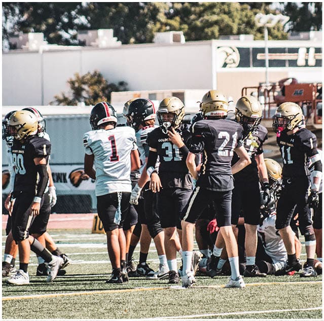 A group of football players celebrating a touchdown. Description generated by AI