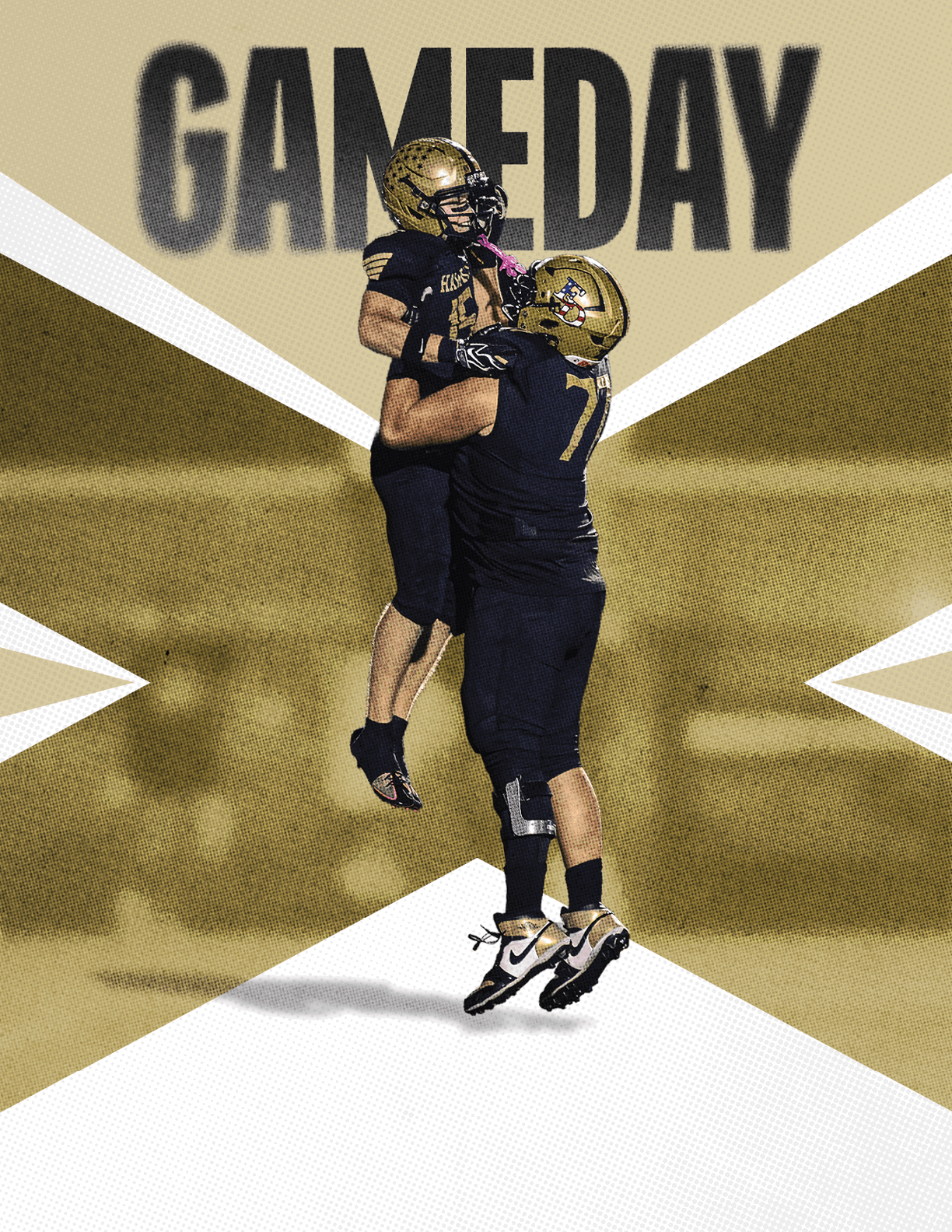 Two people in black and gold football uniforms celebrate by lifting one another with the word GAMEDAY in bold letters above them. Description generated by AI