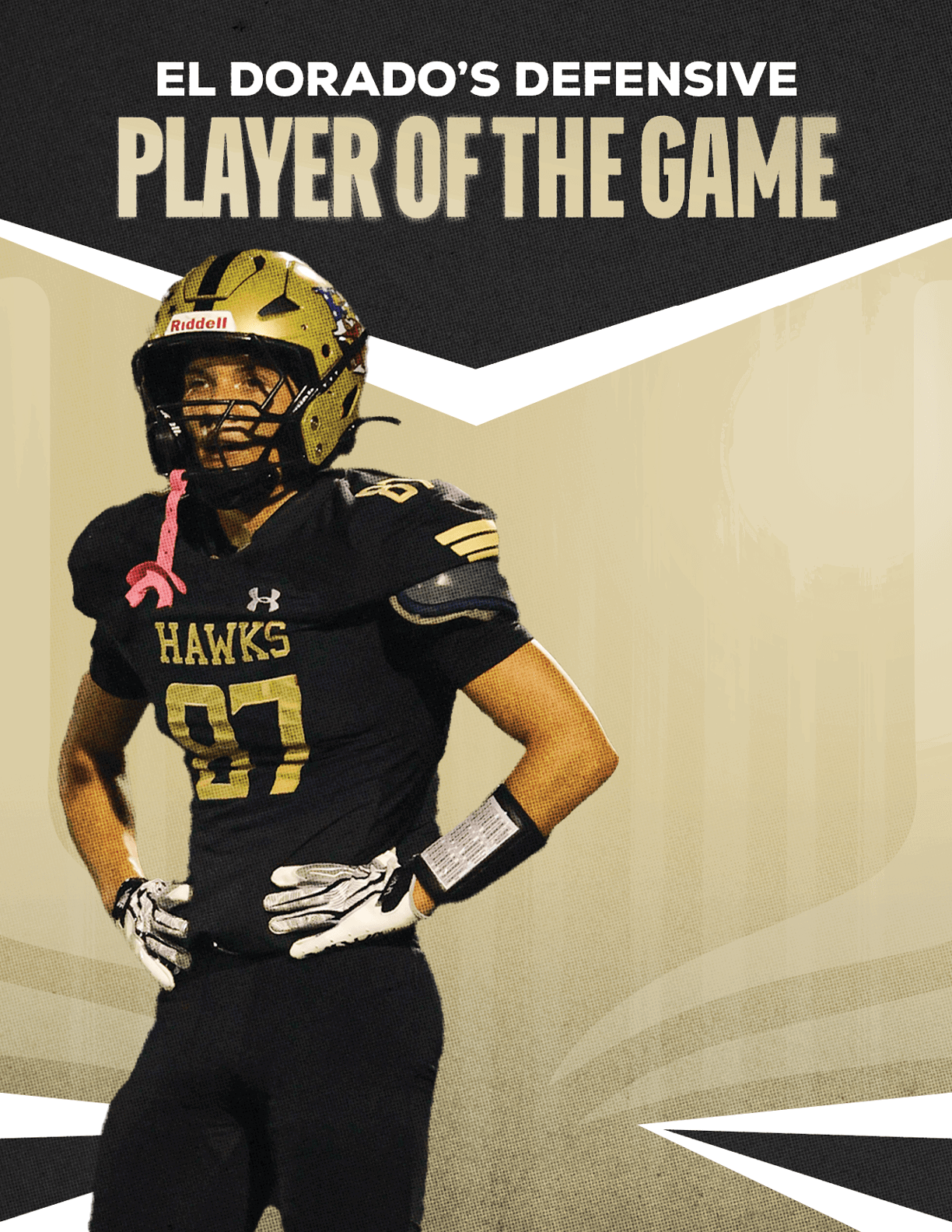 An adult wearing a black and gold football uniform with the number 87 and a helmet stands with hands on hips under the text “El Dorado's Defensive Player of the Game." Description generated by AI