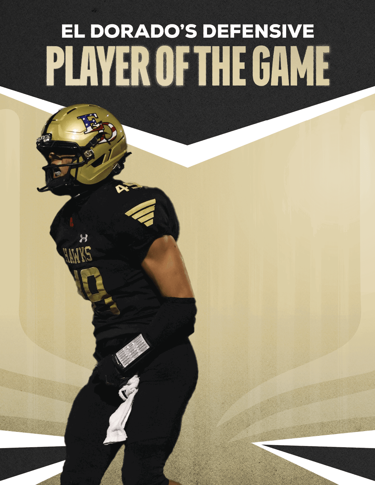 A person in a black and gold football uniform with the number 87 stands with hands on hips under the text “El Dorado's Defensive Player of the Game." Description generated by AI