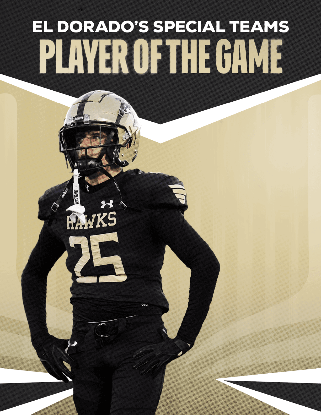El Dorado's Special Teams Player of the Game text is displayed in bold letters on a black and gold background. Description generated by AI