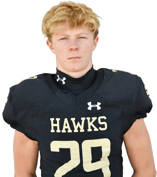 A person with short light brown hair wearing a black football jersey with the word “HAWKS" and the number 82 on the front. Description generated by AI