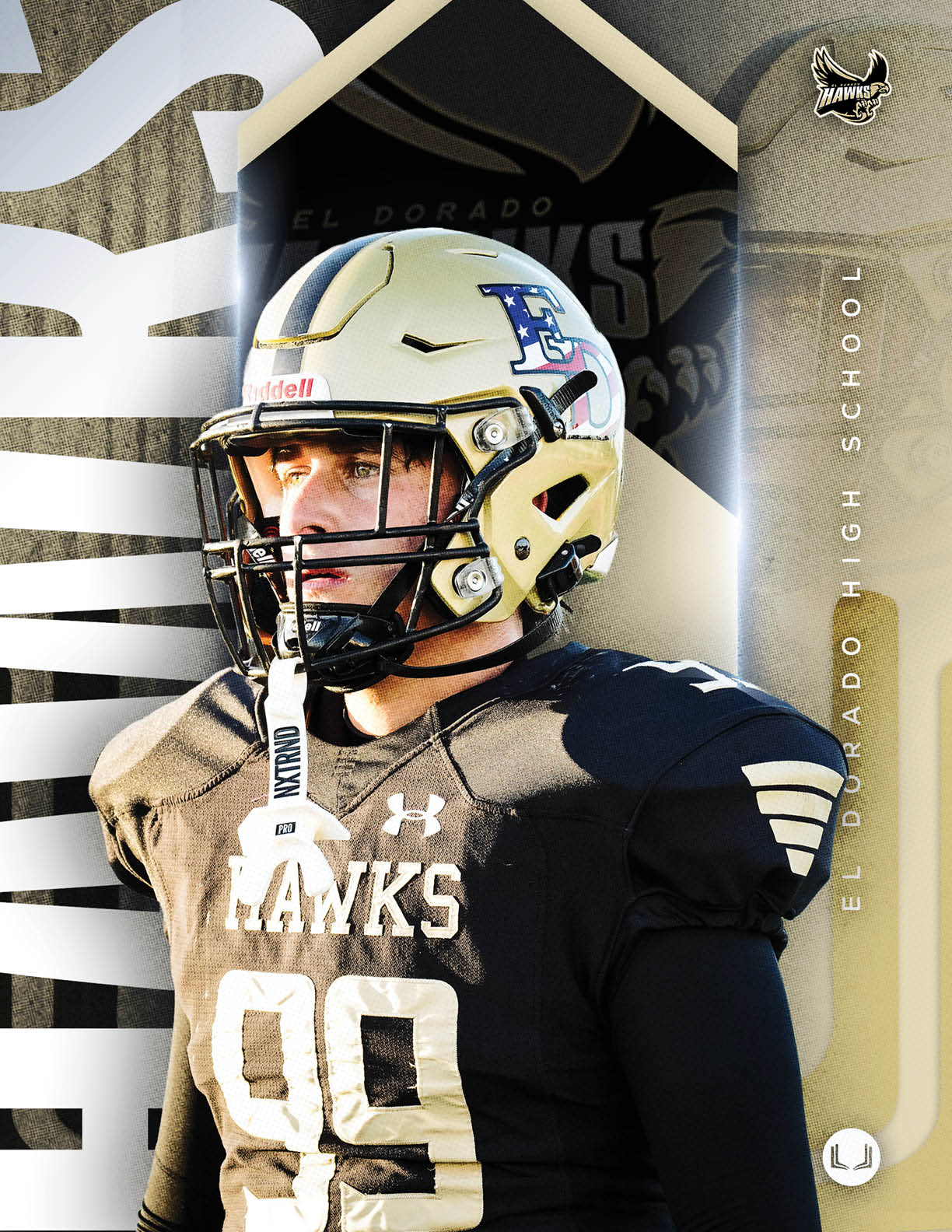 A person wearing a football helmet and black jersey with the number 99 and the word Hawks stands in front of a background featuring the text El Dorado High School. Description generated by AI