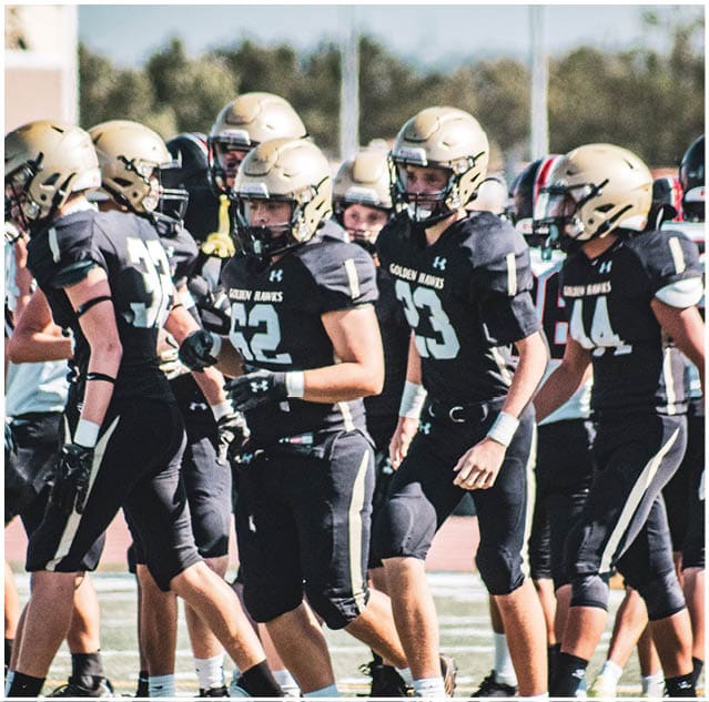 A group of football players celebrating a touchdown. Description generated by AI