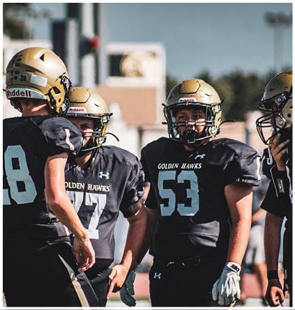 A group of football players celebrating a touchdown. Description generated by AI