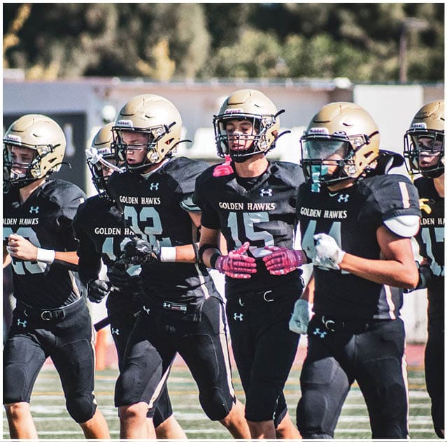 A group of football players celebrating a touchdown. Description generated by AI