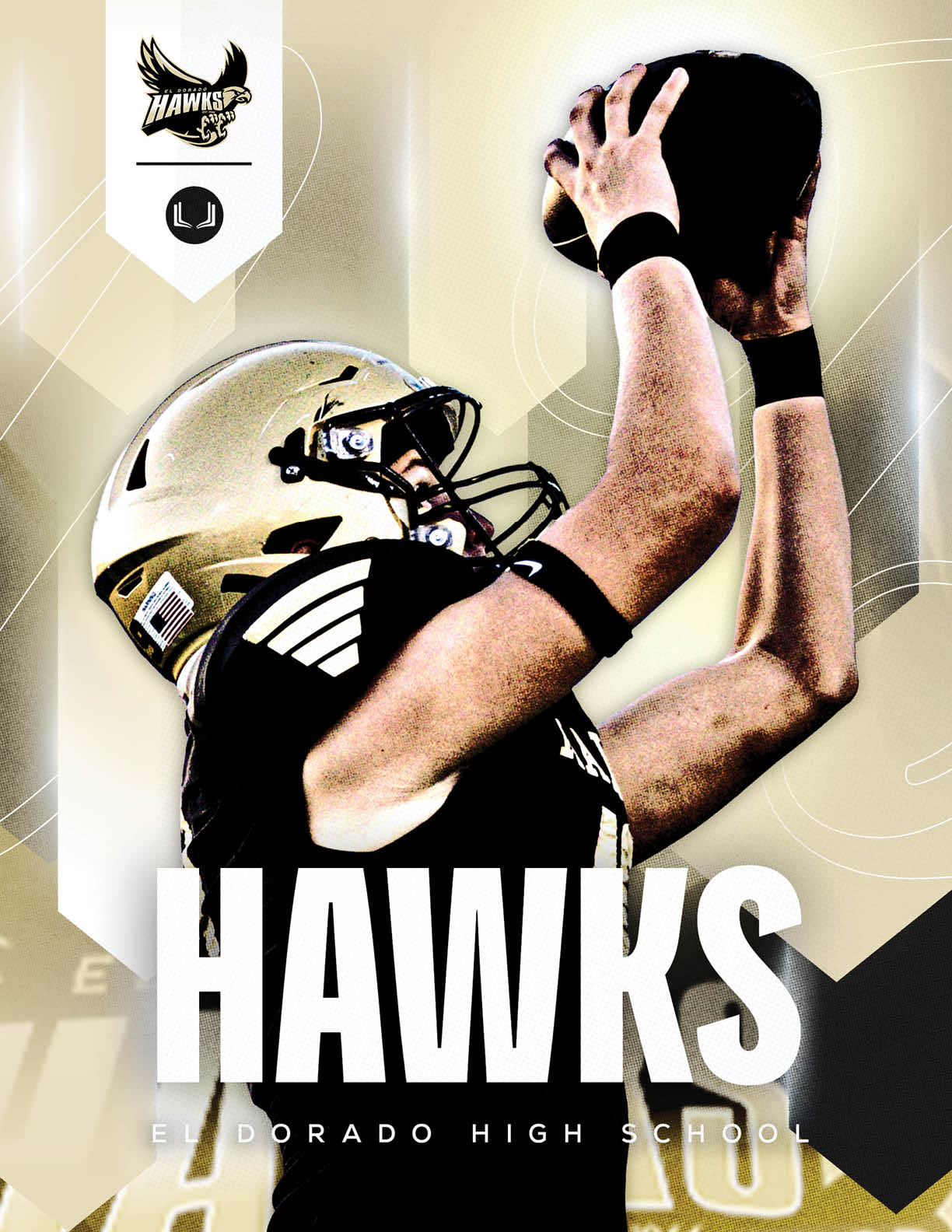 An adult wearing a football helmet and uniform is reaching up to catch a football with the word “HAWKS" and "ELDORADO HIGH SCHOOL" displayed below. Description generated by AI