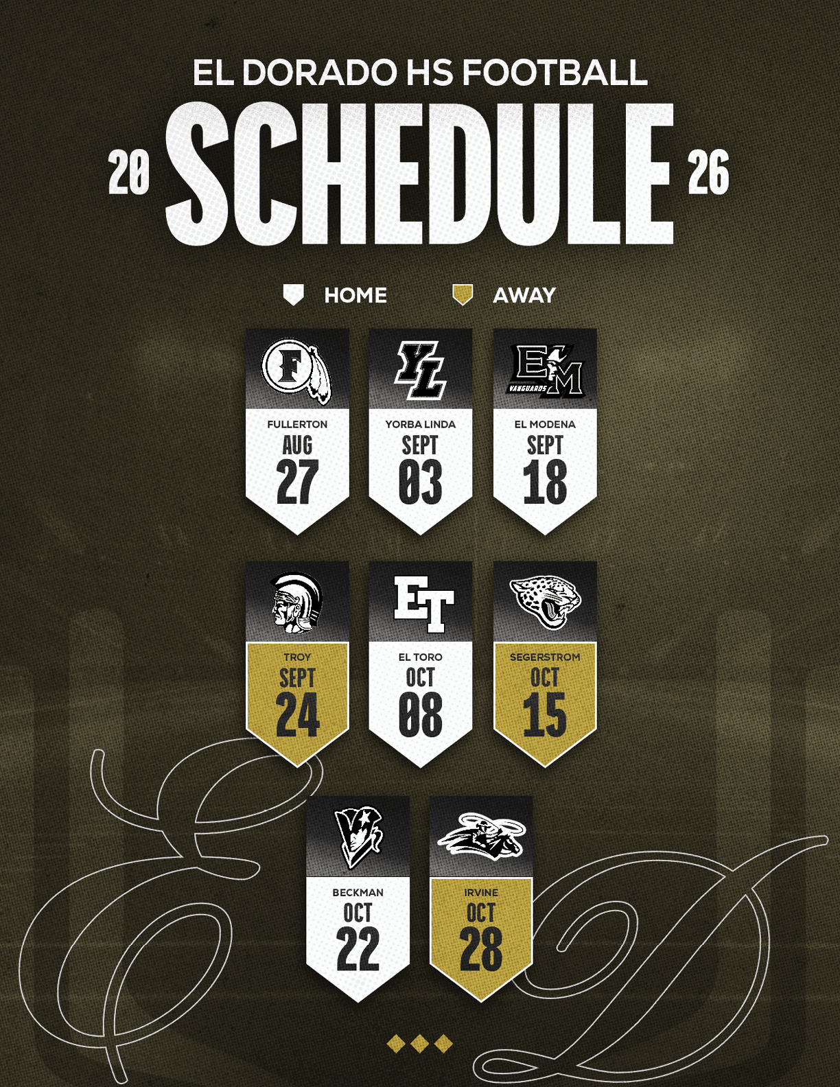 El Dorado High School football schedule for 2026 showing home and away games with dates and team logos in a dark textured background. Description generated by AI