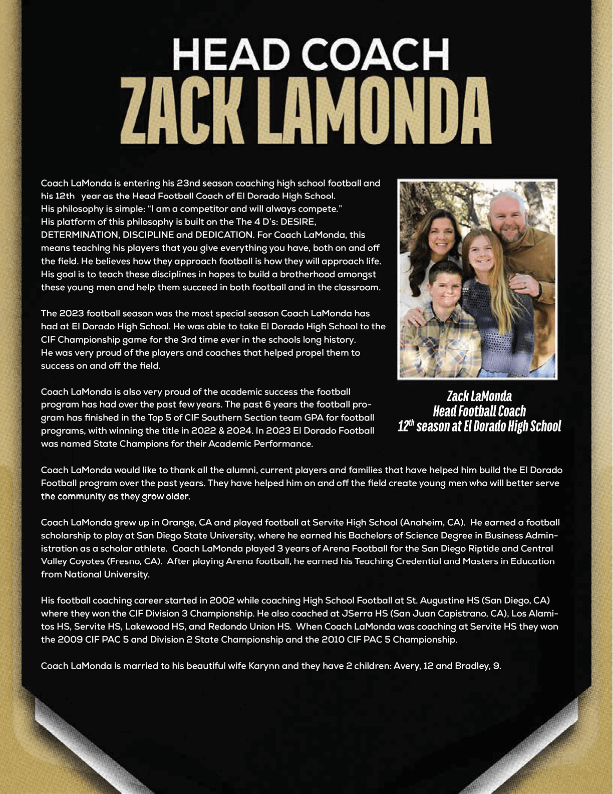The image features a detailed biography of Zack Lamonda as head coach of El Dorado High School football, highlighting his coaching experience, achievements, and personal background in white and gold text on a black background. Description generated by AI