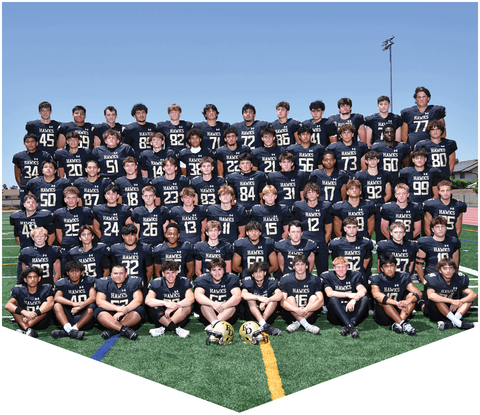 A group of people wearing dark sports jerseys with the word “HAWKS" and numbers posed closely together for a team photo. Description generated by AI