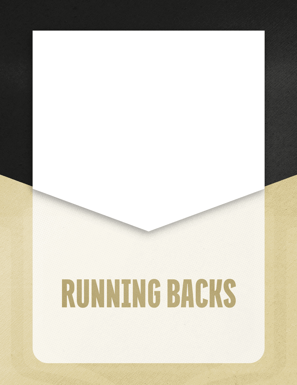 A stylized graphic with a white downward-pointing shape above a beige section containing the bold text “RUNNING BACKS." Description generated by AI