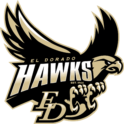 A stylized black and gold hawk with outstretched wings and sharp talons features the text “El Dorado Hawks" and "Est. 1966" integrated into its body. Description generated by AI