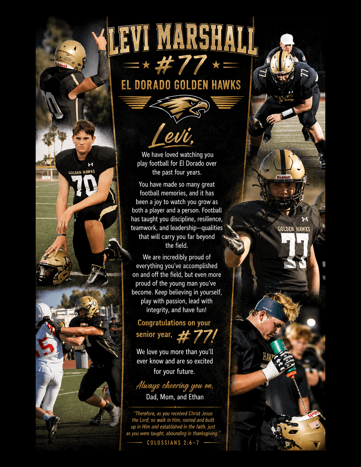 A collage featuring multiple people in black football uniforms with gold helmets and the text celebrating Levi Marshall's senior year and achievements playing for the El Dorado Golden Hawks. Description generated by AI