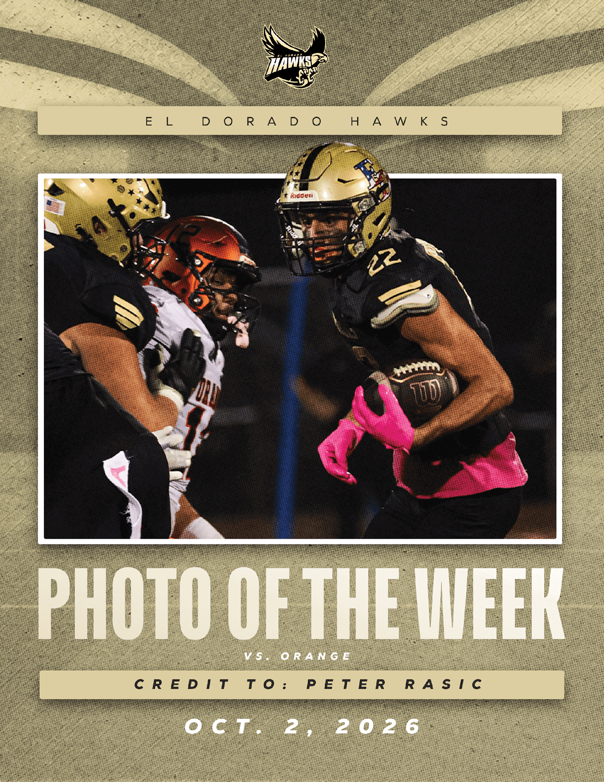 Three athletes in football uniforms are engaged in a play on the field, with one player holding the ball and wearing bright pink gloves. Description generated by AI