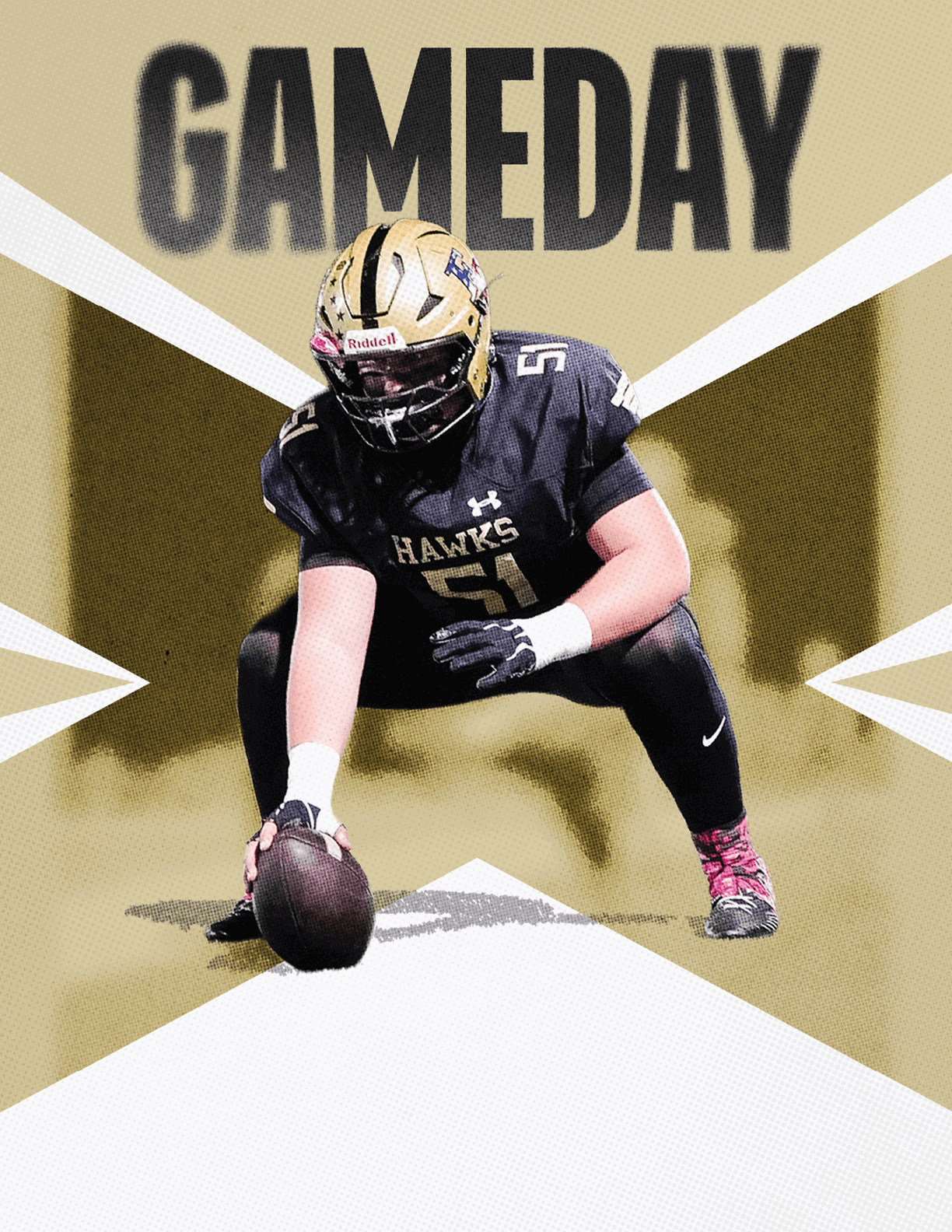 A person in a black football uniform with the word “HAWKS" and the number 5 is crouched down holding a football on a stylized background with the word "GAMEDAY" above. Description generated by AI