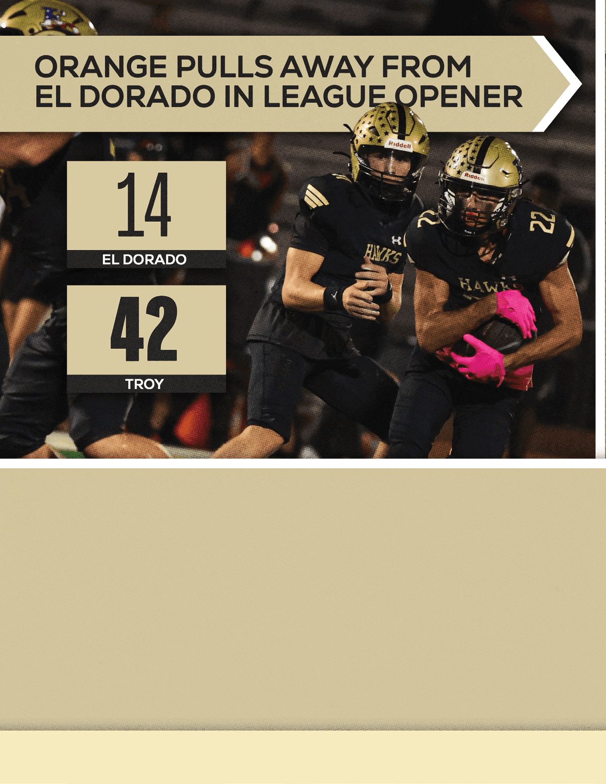 A football player is running with the number 14 on his jersey. Description generated by AI