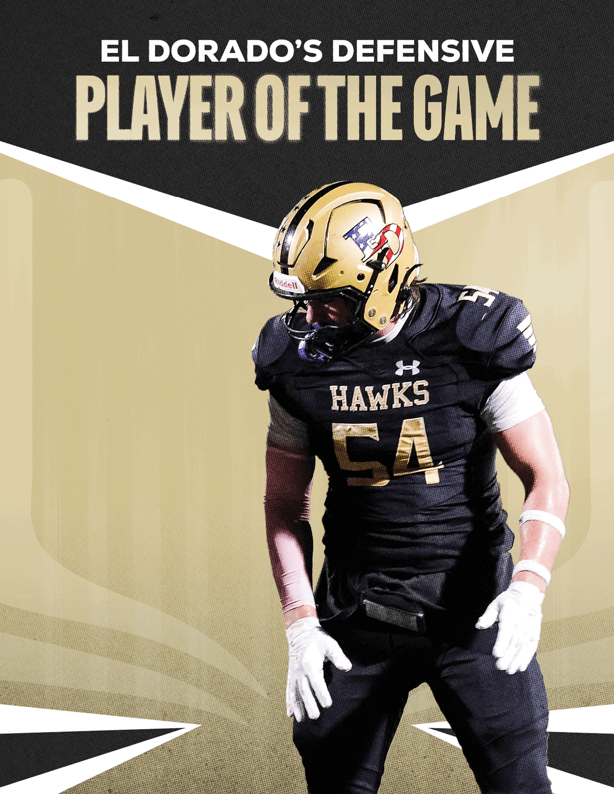 A person in a black football uniform with the number 54 and a gold helmet stands in front of a background that reads El Dorado's Defensive Player of the Game. Description generated by AI