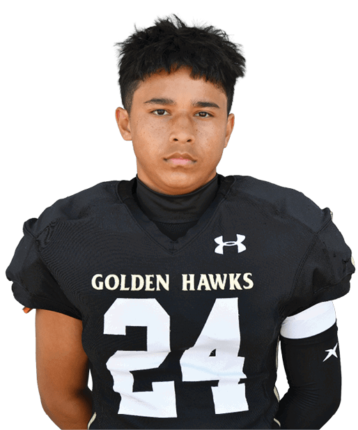 A person wearing a black football jersey with the number 24 and the words “Golden Hawks" stands against a white background. Description generated by AI