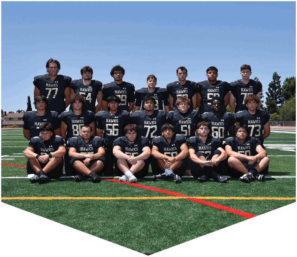 A group of people wearing black sports jerseys with the word “HAWKS" pose together on a green football field under a clear blue sky. Description generated by AI