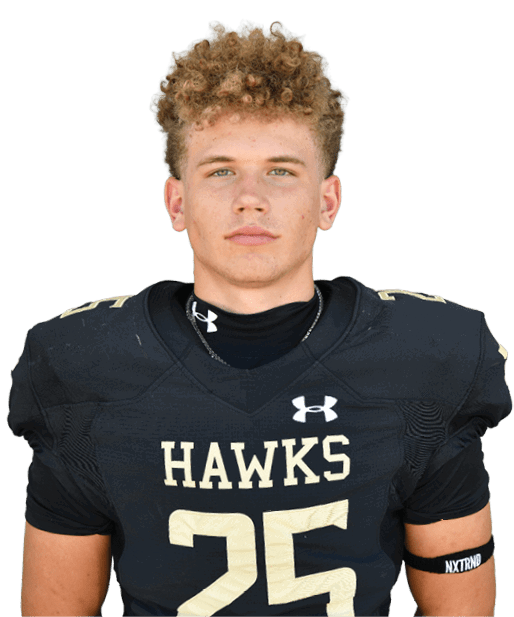 Person with curly hair wearing a black football jersey with the word “HAWKS" and the number 25 on it. Description generated by AI