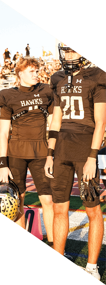 Two young men wearing football uniforms and making hand gestures. AI generated content