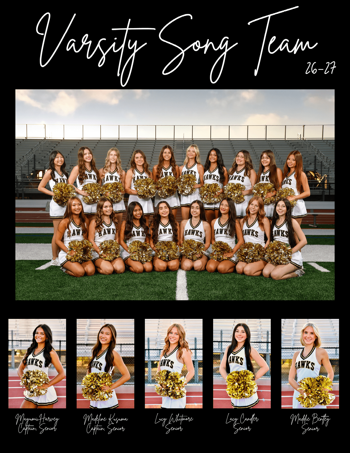 A group of people dressed in white cheerleading uniforms with “HAWKS" written on them are kneeling and standing on a grassy field holding gold pom-poms. Description generated by AI