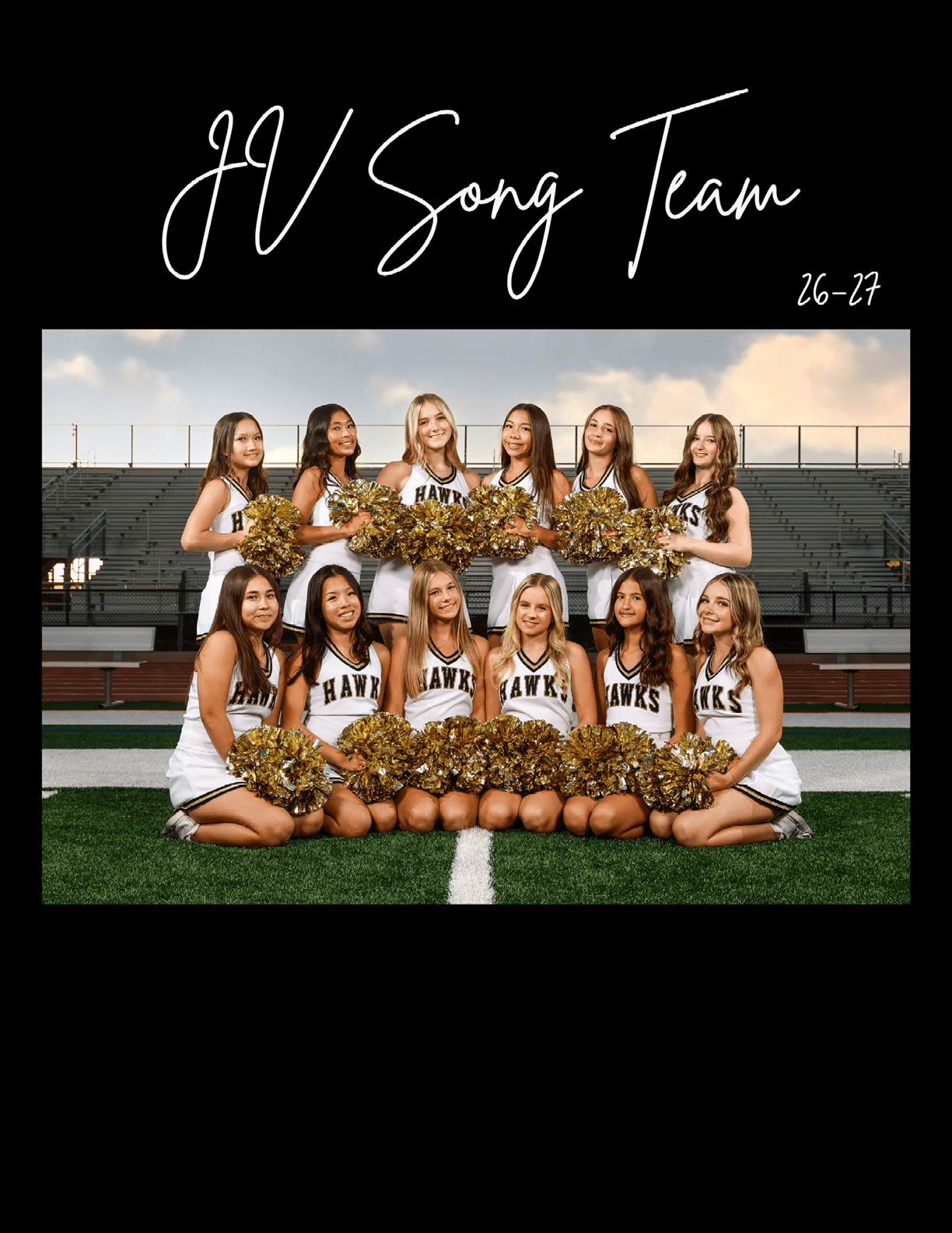 A group of people wearing white cheerleading uniforms with “HAWKS" written on them are smiling and holding gold pom-poms in a stadium setting. Description generated by AI