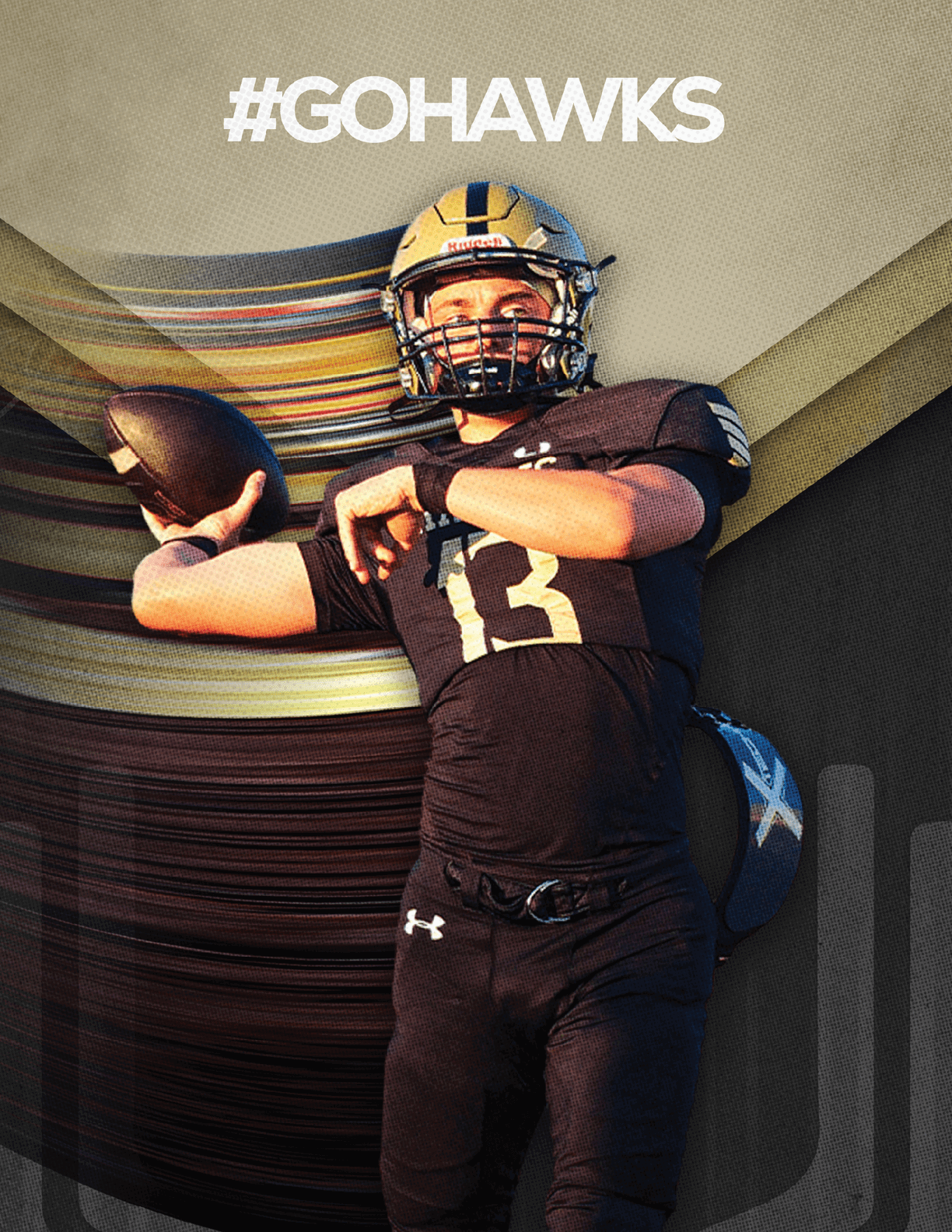 A person wearing a black football uniform and gold helmet is preparing to throw a football with the hashtag #GOHAWKS above them. Description generated by AI