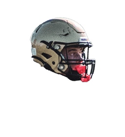 Person wearing a gold football helmet with a black faceguard and a red mouthguard. Description generated by AI