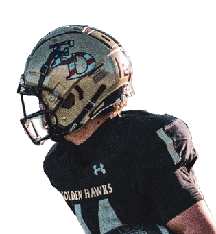 A person wearing a gold football helmet with a patriotic logo and a black jersey with the words “GOLDEN HAWKS" is captured in a side profile. Description generated by AI