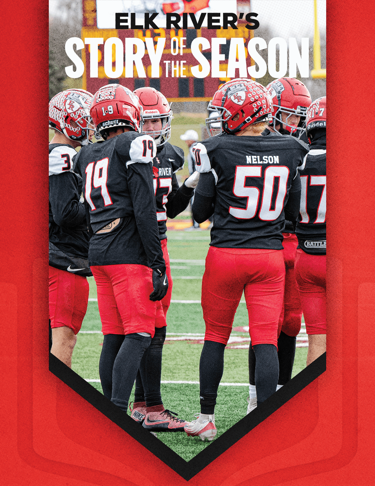 A group of football players huddled together. Description generated by AI