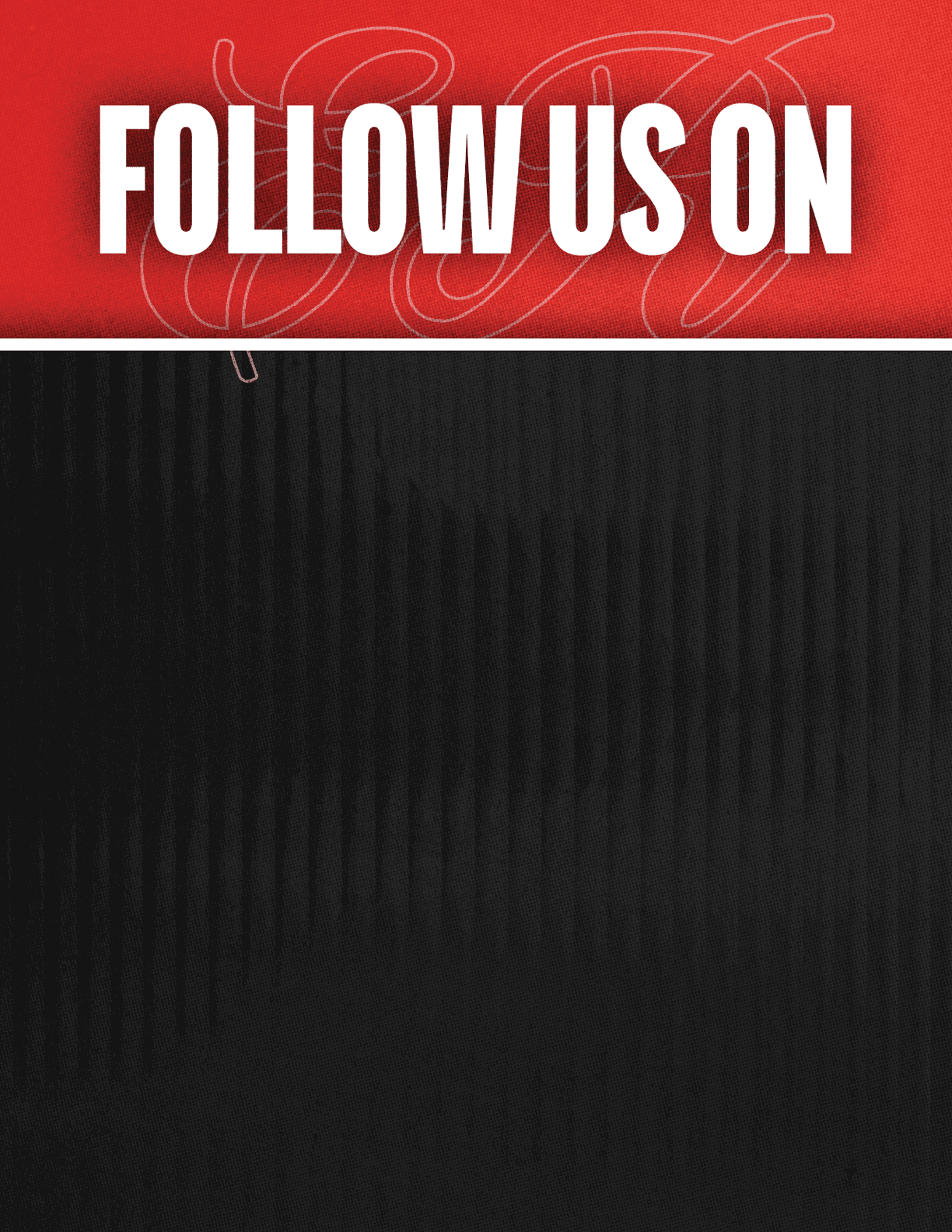 A black and red sign that says Follow Us On. Description generated by AI
