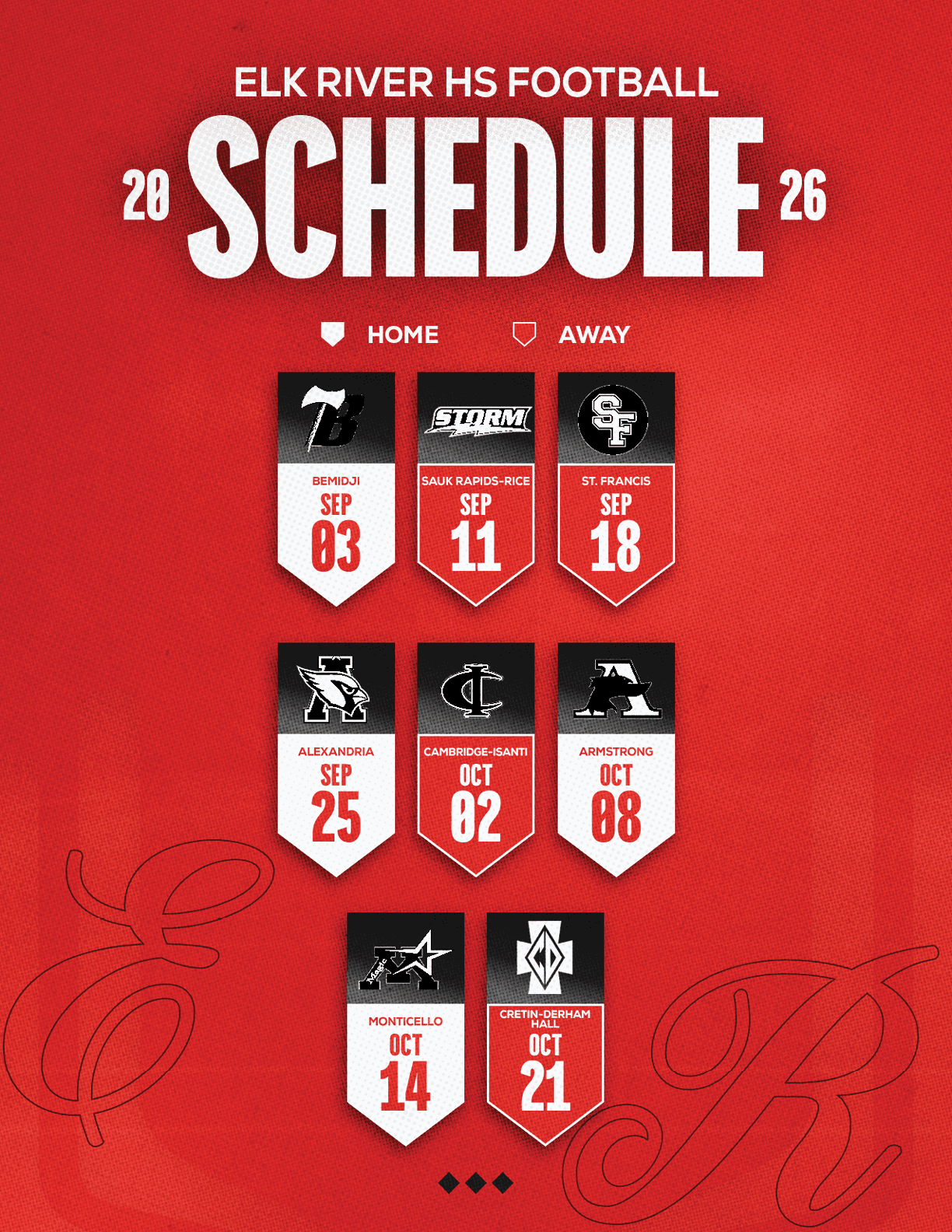 A red and white schedule for Sun Prairie East Football. Description generated by AI