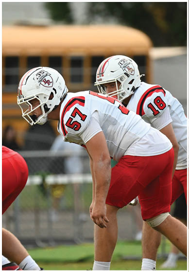 A football player wearing a blue and red jersey. Description generated by AI
