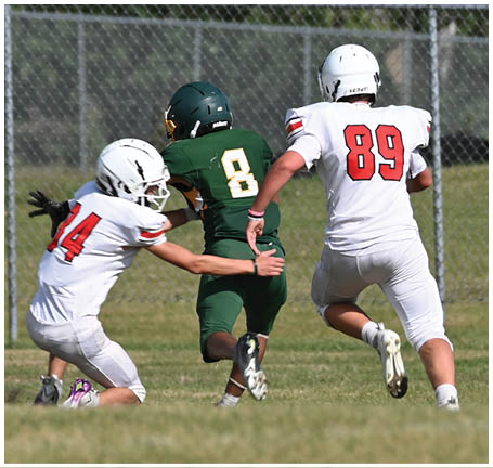 A football player running on the field. Description generated by AI